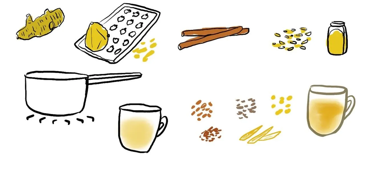 Cooking ingredients and utensils illustrated for a recipe.