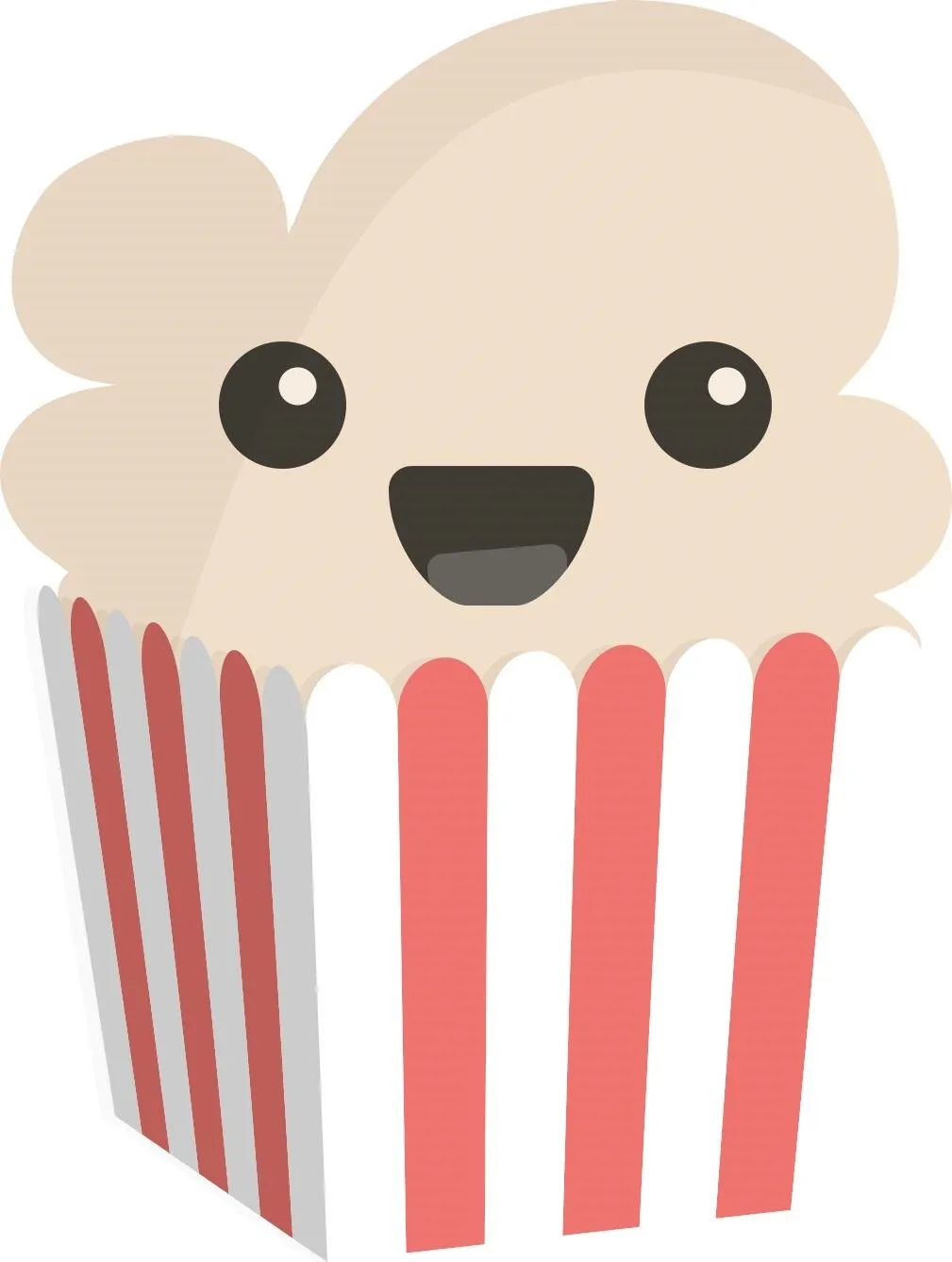 Cartoon popcorn bucket with a smiling face.