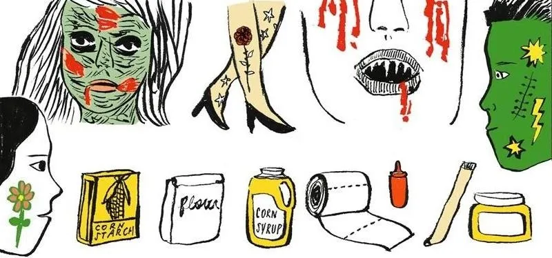 Illustrations of various faces, boots, and items including condiments and a flower.