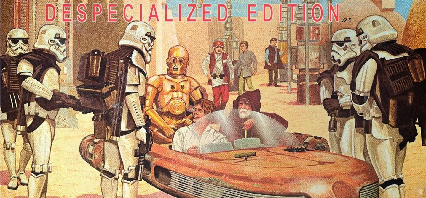 Star Wars scene featuring stormtroopers, C-3PO, and characters near a speeder, labeled "Despecialized Edition."