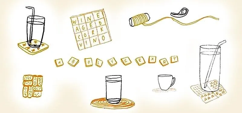 Illustration of various beverages and games on coasters.