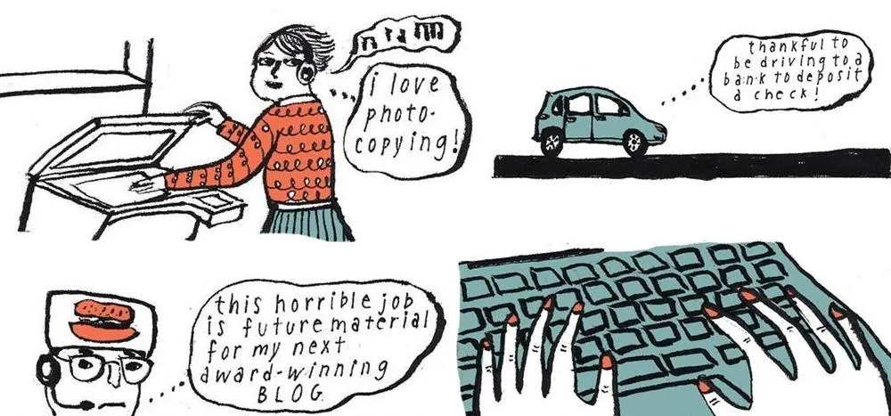 Illustration of a person enjoying photocopying, a car on a road, and a statement about documenting a job for a blog.