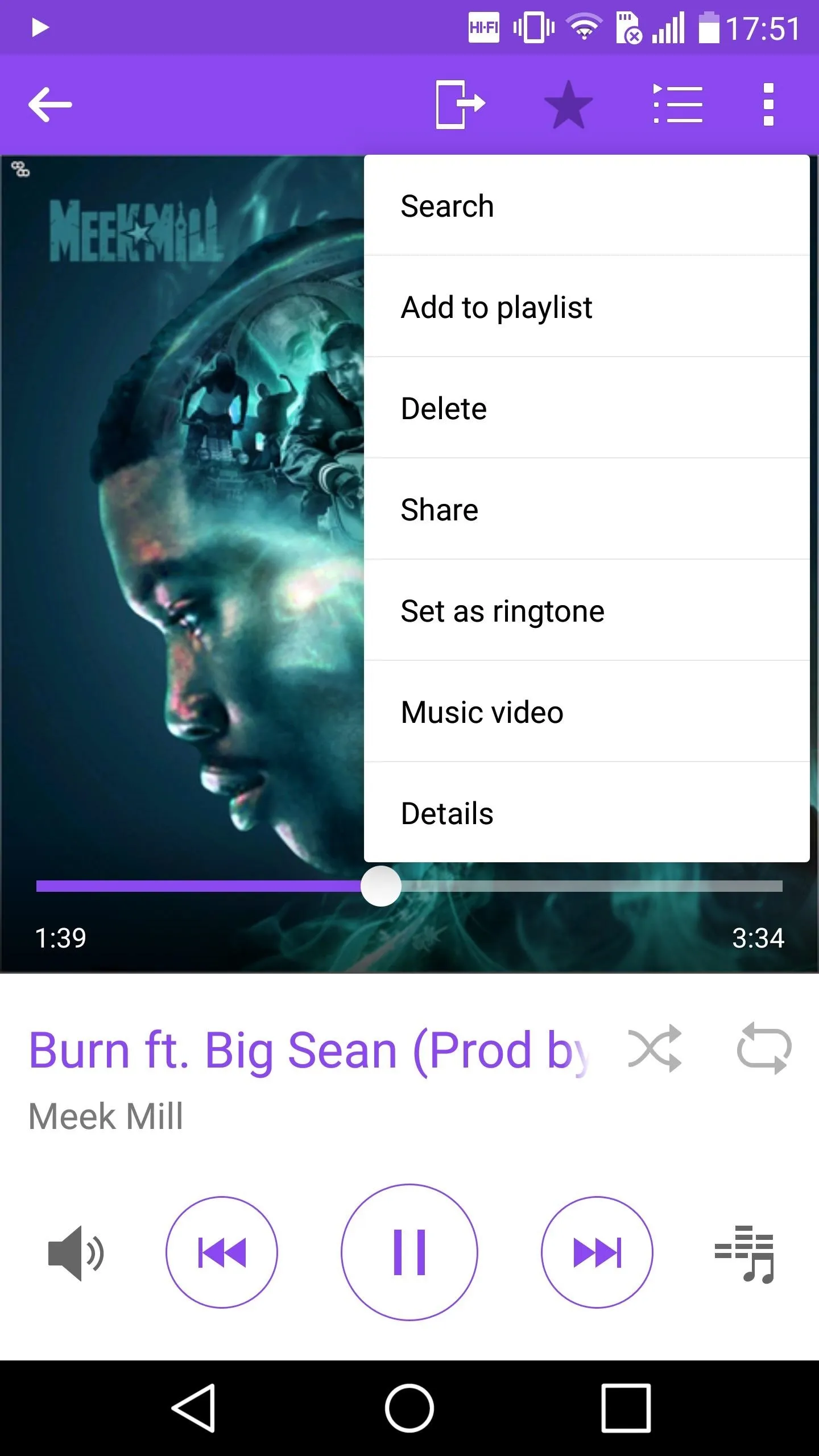 Music player interface showing a track titled "Burn" featuring Big Sean.