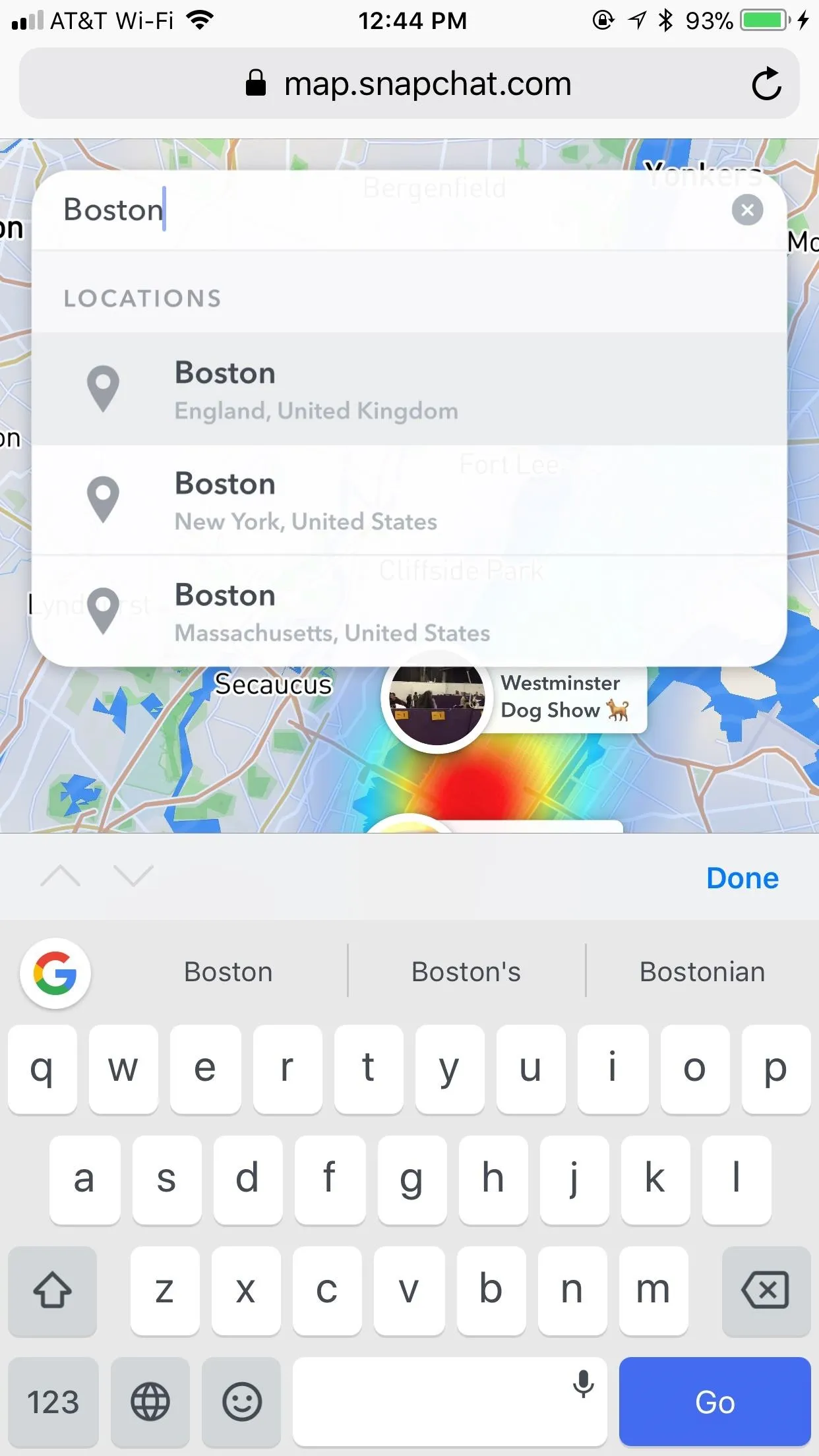 Search results for "Boston" on a mobile map application.