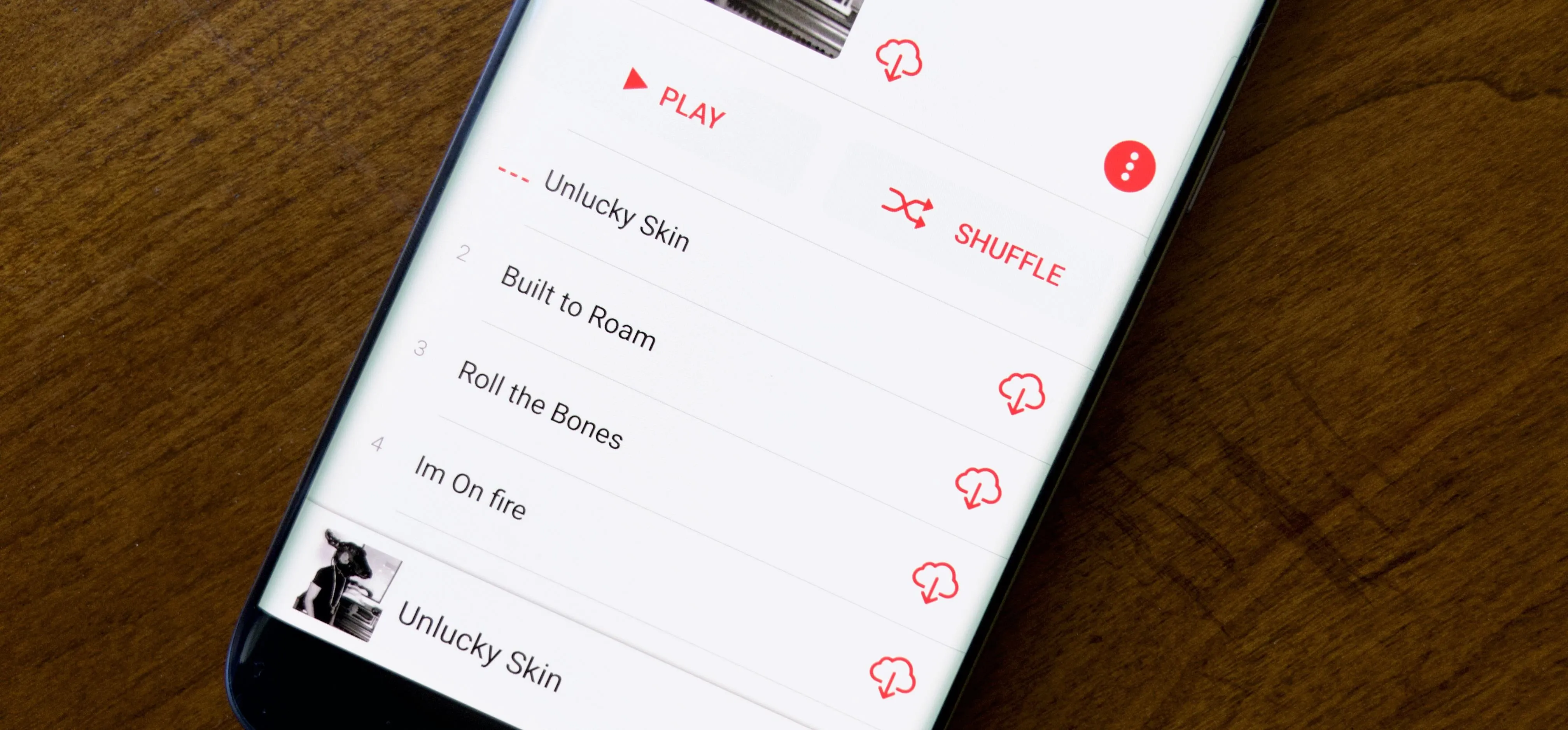 Music playlist displayed on a mobile app.