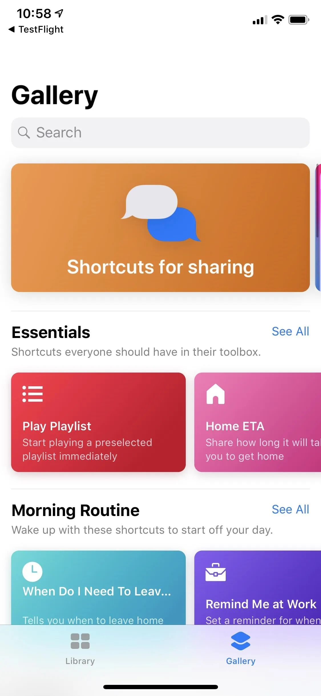 Gallery interface displaying app categories and options for sharing.