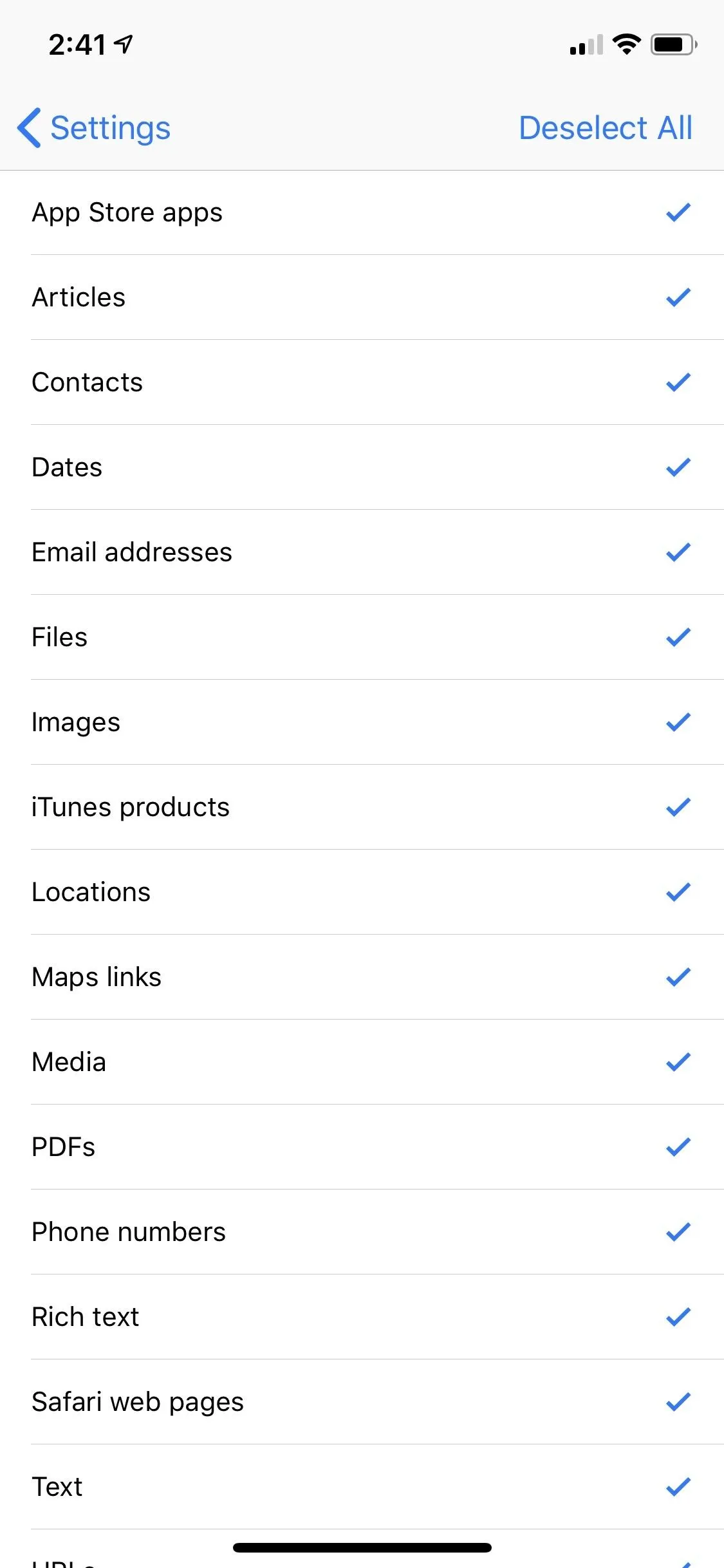 Mobile device settings menu displaying various options such as Wi-Fi, Bluetooth, and Notifications.