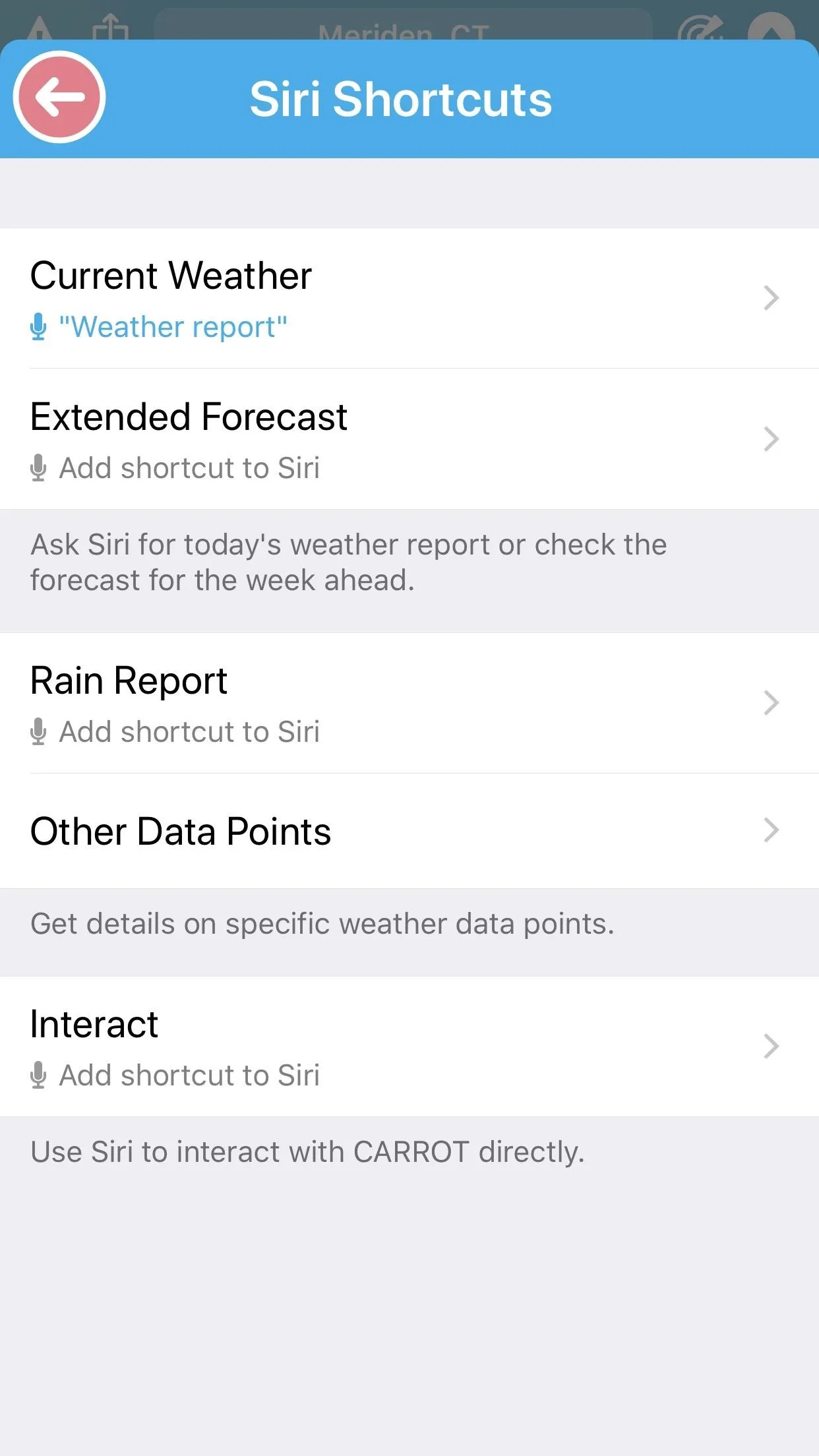 Screenshot of a mobile app interface showing shortcut options for weather updates and data points.