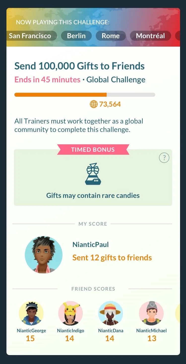 Send 100,000 gifts to friends challenge dashboard with user avatars and progress indicators.