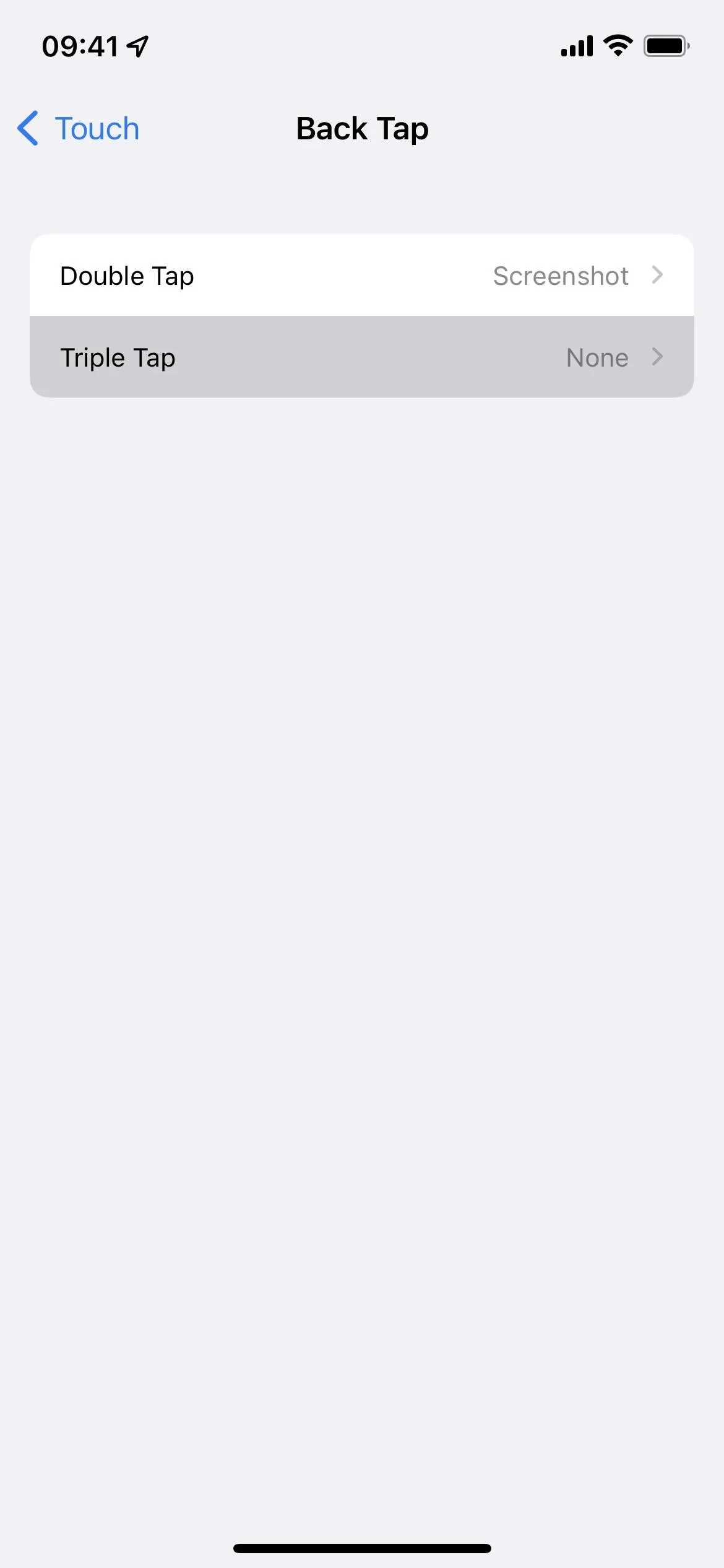 iPhone settings screen showing the "Back Tap" accessibility feature options.